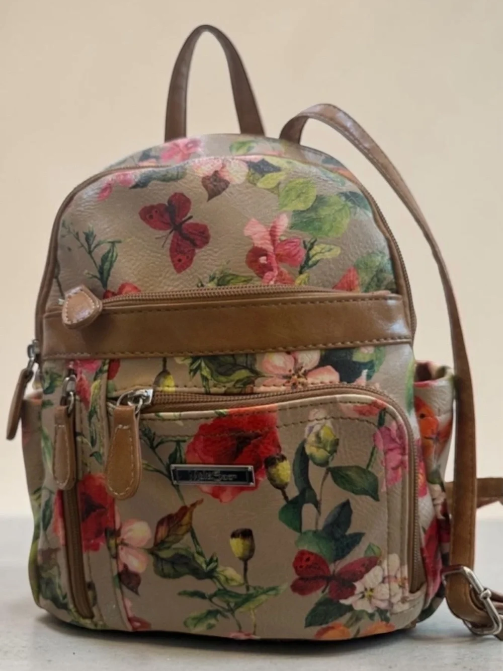 Floral Mini Backpack with Tan Trim - Beige Multicolor